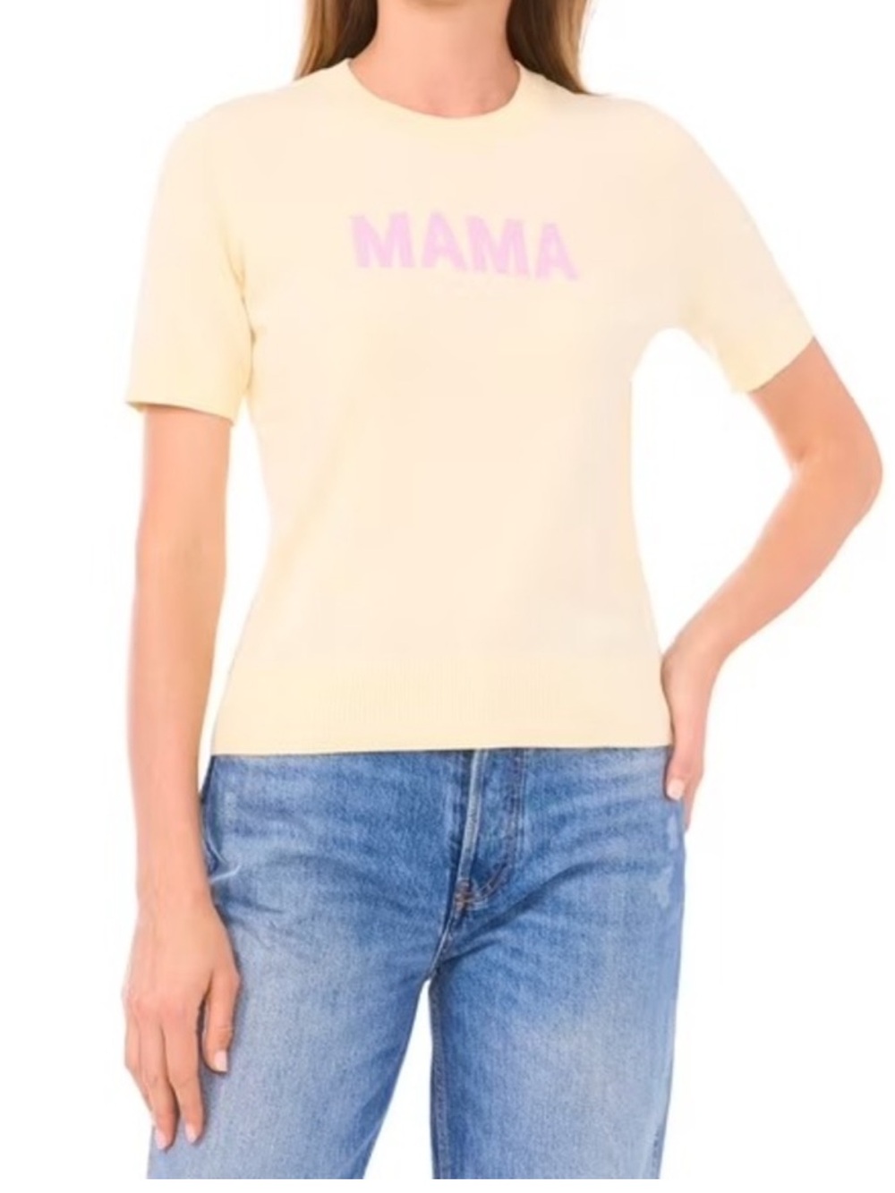 Vince Camuto Pale Yellow Knit "MAMA" Short-Sleeve Sweater with Pink Script